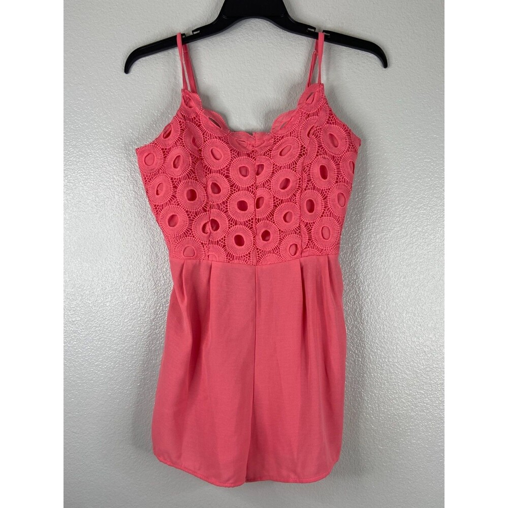 Active USA Women Large Pink Romper Spaghetti Strap Lace Front Tie Waist